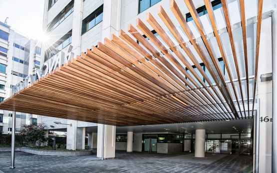 Proyecto Emo entrada a edificio moderno con columnas y techado de madera